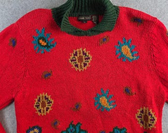 Jeanne Pierre Sweater Womens Large Red Green Paisley Intarsia Vintage Knit