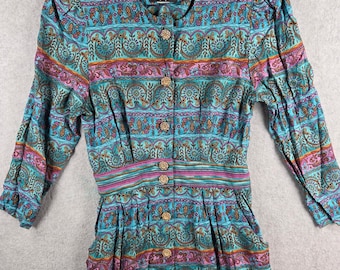 Positive Attitude Midi Dress Womens Small Teal Purple Paisley Vintage 90s Boho