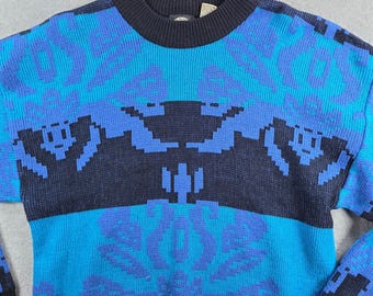 Permit Sweater Women XL Blue Geometric Abstract Vintage Knit Pullover Retro