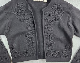 Ellen Tracy Cardigan Women Large Black Wool Soutache Scroll Cropped Open Front