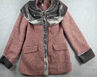 dS LAB Coat Women Size 6 Pink Grey Tweed Velvet Portrait Collar Chic Jacket