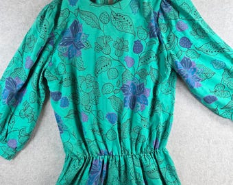 RGY Vintage Floral Midi Dress Womens Medium Teal Green Elastic Waist 80s Retro