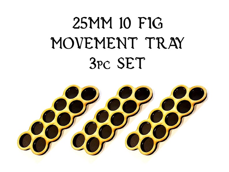 K&ouml;nnte beinhalten: Drei 25 mm Bewegungstabletts f&uuml;r 10 Figuren. Jedes Tablett ist aus Holz und hat ein Wabenmuster mit schwarzen Kreisen. Die Tabletts sind versetzt angeordnet. 25MM 10 FIG MOVEMENT TRAY 3PC SET