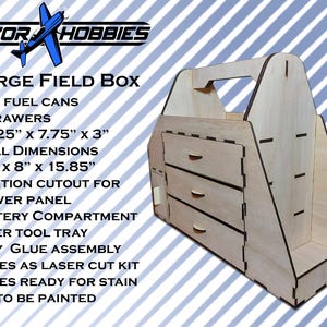 May include: A wooden field box with three drawers, a handle, and a compartment. The box is labeled "LARGE FIELD BOX" and includes text indicating it fits fuel cans and has a battery compartment. Dimensions are 21" x 8" x 15.85".