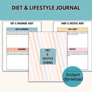 Op de afbeelding: Een dieet- en lifestyle-dagboek met een omslag met een turquoise vierkant met de woorden "Diet & Lifestyle Journal". Het dagboek gaat vergezeld van twee open pagina's met de titel "Diet & Movement Audit" en "Habit & Lifestyle Audit".