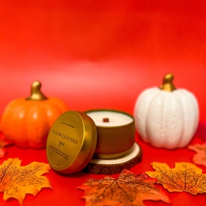 Warm Leather and Spice Coconut Soy Tin Candle 4 oz | Handmade | Gift | Self Care | Wood Wick Candle | Autumn | Fall