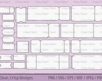 Blank Ticket Clipart Set, Empty Event Ticket Variety Pack, White with Outline Circus Party Entry Ticket Vector Art Digital Cut File Template