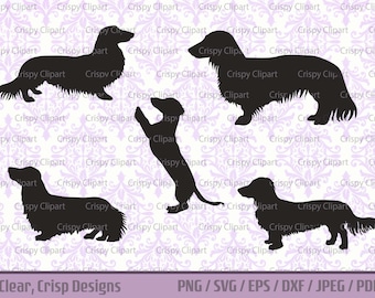 Dachshund SVG Bundle, Cute Long Hair Dachshund Silhouette Clipart, Small Short-Legged Dog Cut File, Sausage Dog, Weiner Dog Vector Art