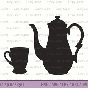 Puede incluir: Una silueta negra de una tetera y una taza de té. La tetera tiene un cuerpo redondeado y un pico. La taza de té tiene un asa y una base redondeada.