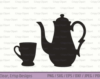 Teapot and Cup SVG, Antique Tea Pot and Cup Cut File, Tea Cup Vector Art, Tea Party Clipart, Tall Ceramic Tea Pot Silhouette PNG, Tea Theme