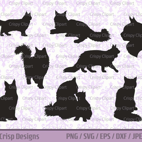 Longhair Cat SVG Bundle, Maine Coon Silhouette Cut File Pet Cat Vector Art, Fluffy Cat Clipart, Cat Standing Side View, Sitting, Laying Down