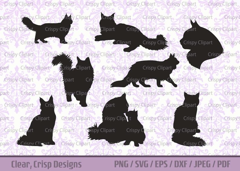 Puede incluir: Un conjunto de diez im&aacute;genes de silueta negra de gatos en varias poses. Las im&aacute;genes est&aacute;n sobre un fondo blanco con un patr&oacute;n floral morado.
