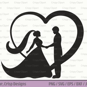 Silueta de imágenes prediseñadas de boda, imágenes prediseñadas de novia y novio, corazón de boda SVG, amor, matrimonio, novia y novio de pie vista lateral, casarse