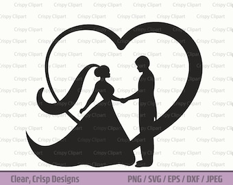Wedding Clipart Silhouette, Bride and Groom Clipart, Wedding Heart SVG, Love, Marriage, Bride and Groom Standing Side View, Getting Married