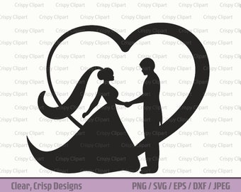 May include: Black silhouette of a bride and groom holding hands inside a heart shape. The bride is wearing a long gown and veil, and the groom is wearing a suit. The heart shape is formed by a ribbon.