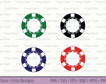 May include: Four poker chips in different colors: green, black, blue, and red. Each chip has a white circle in the center and a white border.