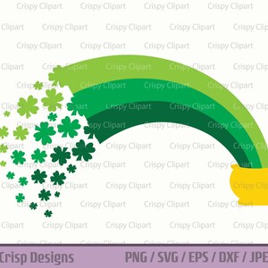 May include: A green rainbow with four bands of color pours into a gold pot.  Green shamrocks fall from the rainbow.
