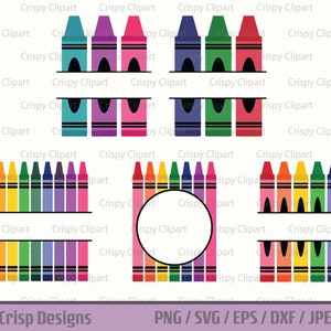 May include: A set of digital clipart images featuring various arrangements of crayons in different colors. The crayons are arranged in rows of three, four, and eight. There is also a circle with a blank space in the center.