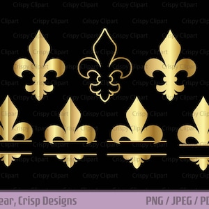 Fleur de lys Clipart, remplissage dégradé or Fleur de lys nom personnalisé Split monogramme PNG doré Fleur de lys contour médiéval Royal Français