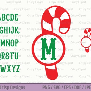 May include: A red and white candy cane with a green letter M in a red circle. The alphabet is displayed in green letters on a white background.