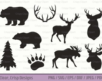 Woodland Animals SVG Deer with Antlers Cut File Male Moose Vector Black Bear PNG Grizzly Bear Paw Clipart Mounted Deer Head SVG