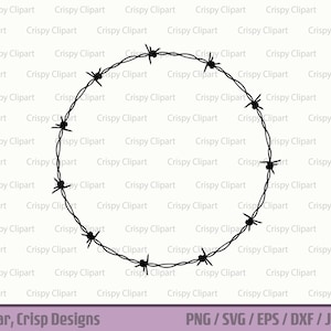 Peut inclure: Silhouette noire et blanche de fil barbelé en forme circulaire. Le fil barbelé est une boucle continue avec plusieurs pointes.