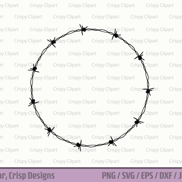 Barb Wire Circle Frame Clipart, Circular Wreath Vector Art, Barbed Wire Fence SVG Cut File, Round Monogram Silhouette PNG, Sublimation
