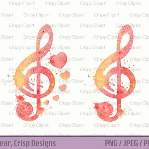 Treble Clef Clipart, Watercolor Treble Clef Music Note Sublimation PNG, Treble Clef with Hearts, Pink and Orange Watercolor Reading Music