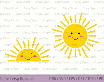May include: Two yellow cartoon suns with smiling faces and rosy cheeks. One sun has a full circle shape, while the other is a half circle with rays extending out.