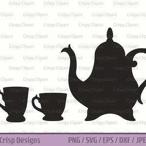 Theepot en kopjes SVG, tuin theepot en kopje gesneden bestand, theekop vector kunst, theekransje clipart, schattige keramische theepot silhouet PNG, thee thema