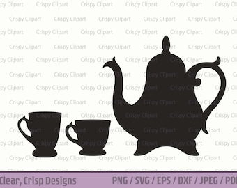 Teapot and Cups SVG, Garden Tea Pot and Cup Cut File, Tea Cup Vector Art, Tea Party Clipart, Cute Ceramic Tea Pot Silhouette PNG, Tea Theme