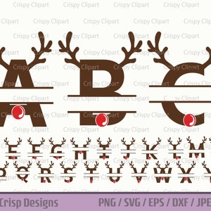 Rendieren Monogram SVG, Kerst Split Gepersonaliseerde Naam Monogram Clipart, Brief Monogram Vector Kunst, Rendieren met een rode neus gesneden bestand