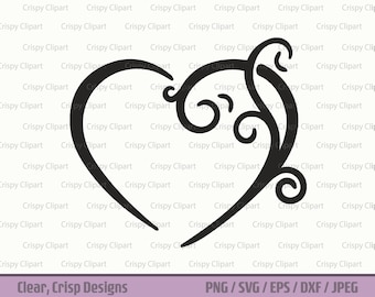 File di taglio Silhouette cuore fiorito, Swirly Heart Vector Art SVG, Clipart cuore, Cuore fantasia, Amore, San Valentino, Cuori, Clipart matrimonio