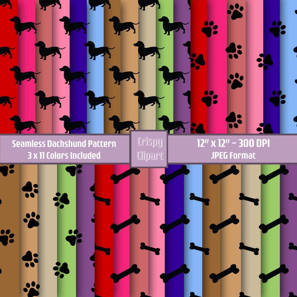 Dachshund Seamless Pattern, Repeating Dog Pattern, Weiner Dog Digital Scrapbook Paper Background, Paw Print Pattern Dog Bone Printable Paper