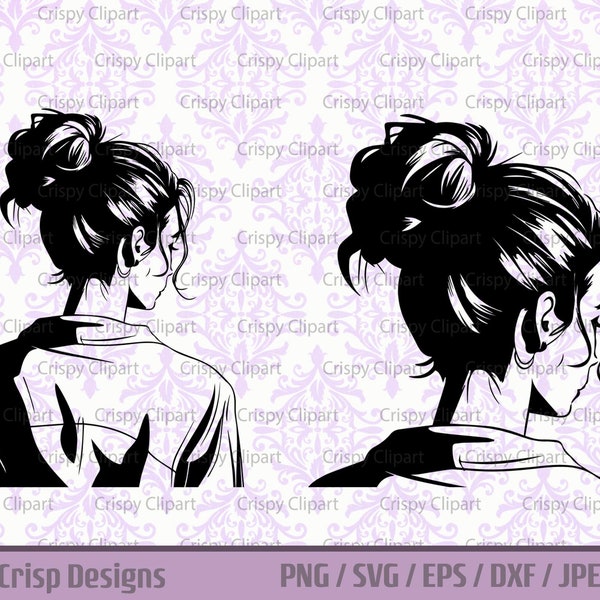 Messy Bun SVG, Mujeres con peinado de moño desordenado vista posterior archivo de corte, moda casual lindo día perezoso vector de cabello, cabello de mamá, arte digital femenino