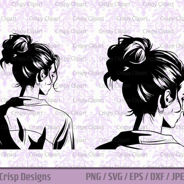 Messy Bun SVG, Frauen mit Messy Bun Frisur Rückansicht Schnittdatei, Casual Fashion Cute Fauler Tag Haar Vektor, Mom Haar, feminine digitale Kunst