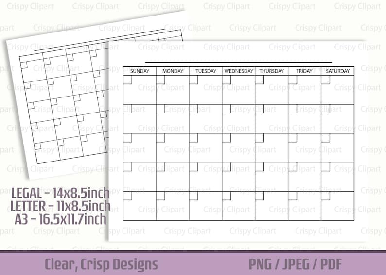 Blank Calendar Template Page Printable Monthly Calendar - Etsy