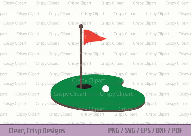 May include: A green golf green with a brown border and a red flag. A white golf ball is on the green.
