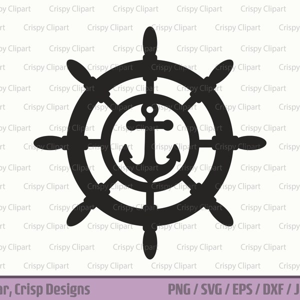 Ship Wheel Silhouette SVG, Nautical Vector Art Cut File, Ship Wheel with Anchor Clipart, Boat Wheel, Vessel Steering Wheel