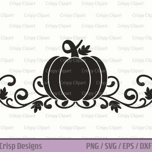 Puede incluir: Silueta en blanco y negro de una calabaza con una vid y hojas. La calabaza está en el centro de la imagen y la vid y las hojas están a cada lado de la calabaza.