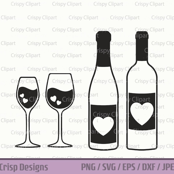 Wine Bottle with Heart SVG, Cute Wine Glass with Heart Clipart, Wine Bottles and Glass Outline Vector Art Cut File, Valentine's Day Wine SVG