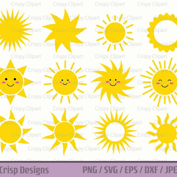 Sun SVG Bundle, Cute Sun Clipart, Happy Summer Sunshine Cut File, Sun with Cute Happy Face Vector Art, Beach Day Smiling Sun, Sublimation