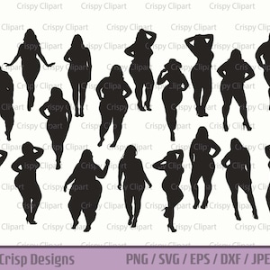 Pacchetto SVG per donne grandi e belle, file di taglio della silhouette di donne spesse sexy, arte vettoriale del corpo femminile di dimensioni più grandi, immagine del corpo positivo curvy PNG