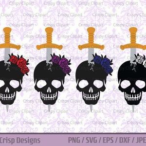 May include: Four black skull silhouettes with swords piercing through the top of their heads. Each skull has a floral crown of red, purple, blue, or white roses.