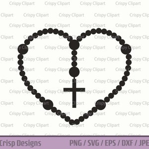 Rosário SVG, silhueta de rosário em forma de coração, arquivo de corte em camadas, arte vetorial do Santo Rosário, clipart religioso PNG, contas de Santa Cruz Ave Maria