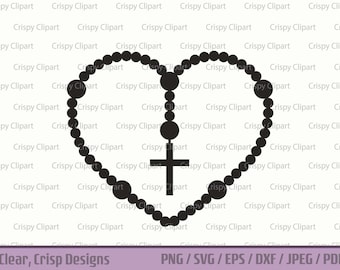 Rosenkranz Perlen SVG, herzförmige Rosenkranz Silhouette Schnittdatei, Heiliger Rosenkranz Vektor, religiöse Clipart PNG, Heiliges Kreuz Hail Mary Perlen