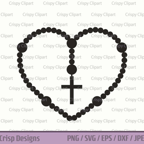 Rosary Beads SVG, Heart Shaped Rosary Silhouette Layered Cut File, Holy Rosary Vector Art, Religious Clipart PNG, Holy Cross Hail Mary Beads