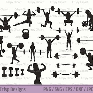 Vrouwen gewichtheffers SVG bundel, vrouwelijk lichaam bouwer silhouet snijden bestand, gewichtheffen vector kunst, vrouwen op de sportschool PNG, zware gewichten SVG