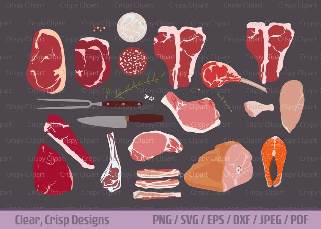 Meat SVG Bundle, Cuts of Meat Clipart, Salmon Steak Pork Bacon Chicken
