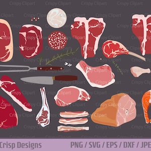 Paquete SVG de carne, cortes de carne clipart, filete de salmón, cerdo, tocino, muslo de pollo, chuleta de cordero, arte vectorial, imágenes prediseñadas de carniceros, barbacoa de carnes de calidad